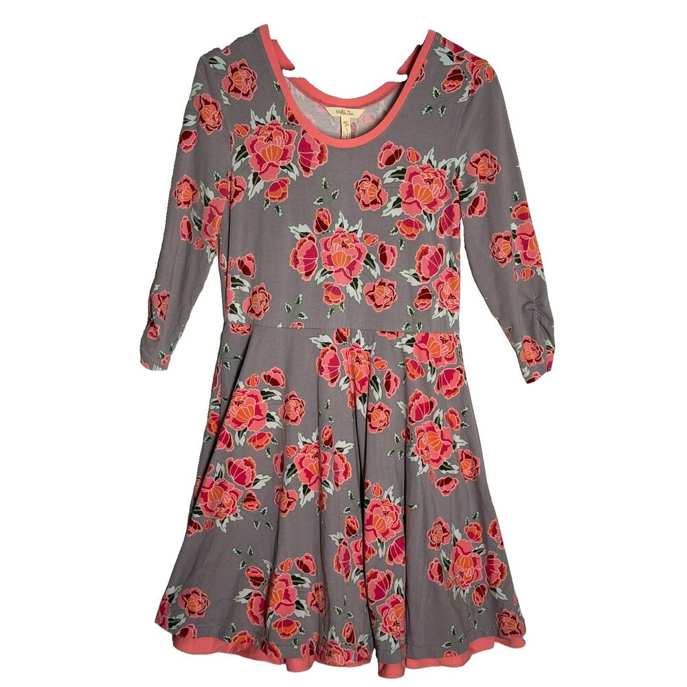 Matilda Jane Floral Fit Flare Dress M Gray Pink Coral 3/4 Sleeve Cottagecore